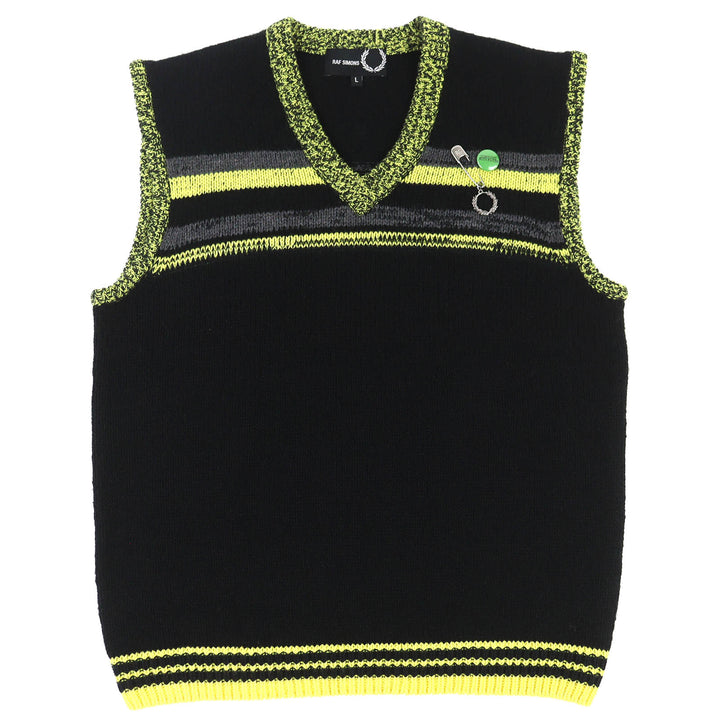 極美品△RAF SIMONS FRED PERRY ラフシモンズ フレッドペリー SK1959/102/00170/392 ウール混 Vネック ニット ベスト ブラック L メンズ