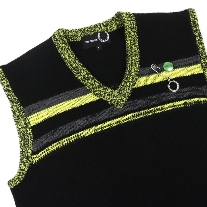 極美品△RAF SIMONS FRED PERRY ラフシモンズ フレッドペリー SK1959/102/00170/392 ウール混 Vネック ニット ベスト ブラック L メンズ