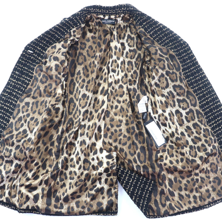 未使用△DOLCE&amp;GABBANA ドルチェ＆ガッバーナ F0P93T ウール 裏地レオパード柄 ツイード シングル コート ブラック 38 イタリア製 正規品