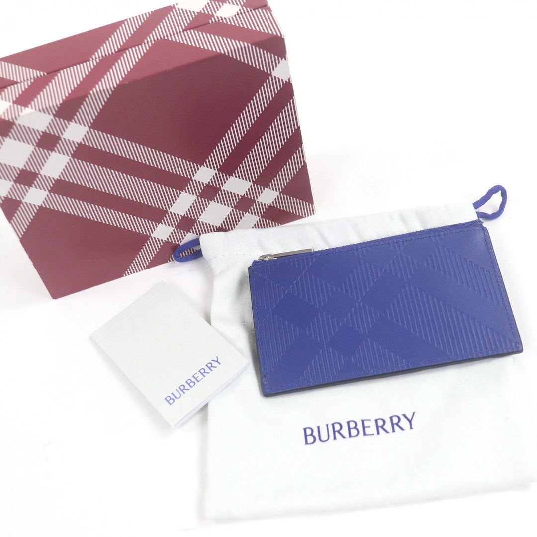 極美品□BURBERRY バーバリー レザー チェック柄 カードケース 名刺入れ コインケース コンパクトウォレット ブルー 箱・保存袋付 メンズ