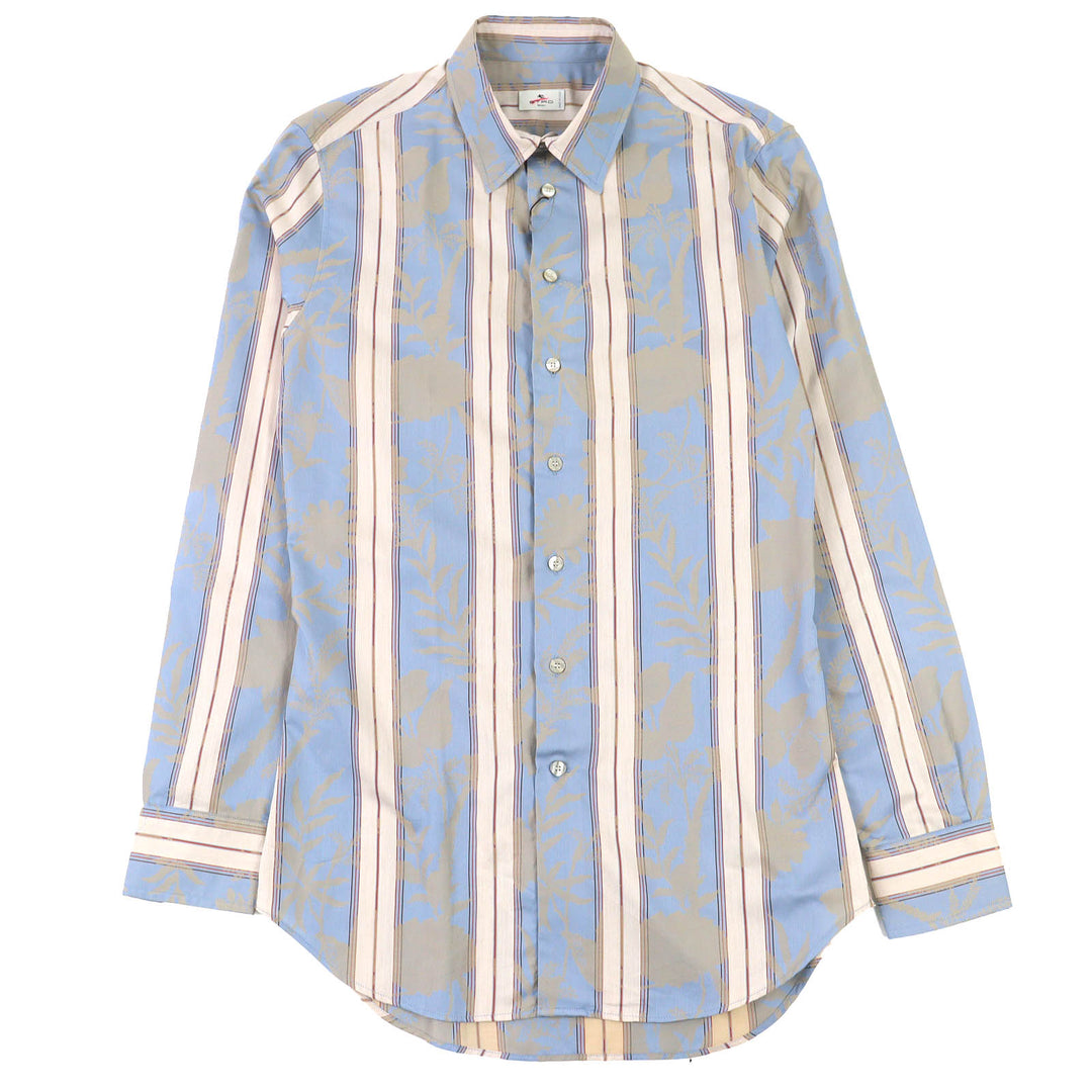 未使用品△ETRO エトロ 23SS コットン100％ ストライプ 総柄デザイン ロゴボタン 長袖シャツ ライトブルー ベージュ系 39 伊製 正規品