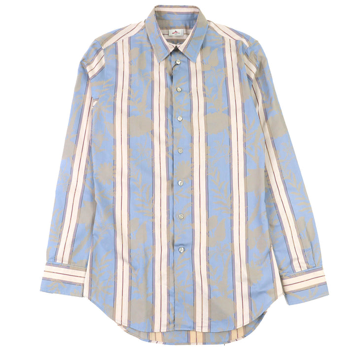 未使用品△ETRO エトロ 23SS コットン100％ ストライプ 総柄デザイン ロゴボタン 長袖シャツ ライトブルー ベージュ系 39 伊製 正規品