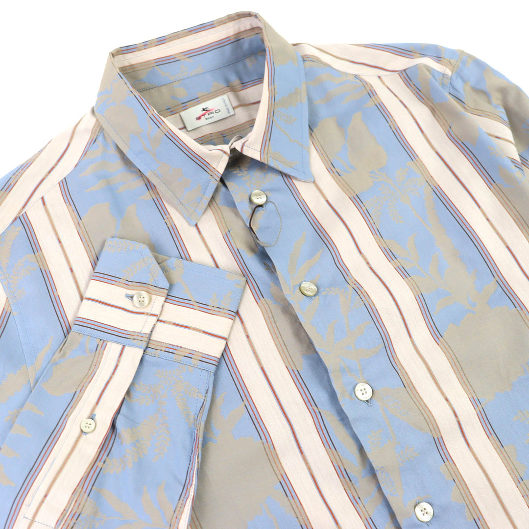 未使用品△ETRO エトロ 23SS コットン100％ ストライプ 総柄デザイン ロゴボタン 長袖シャツ ライトブルー ベージュ系 39 伊製 正規品
