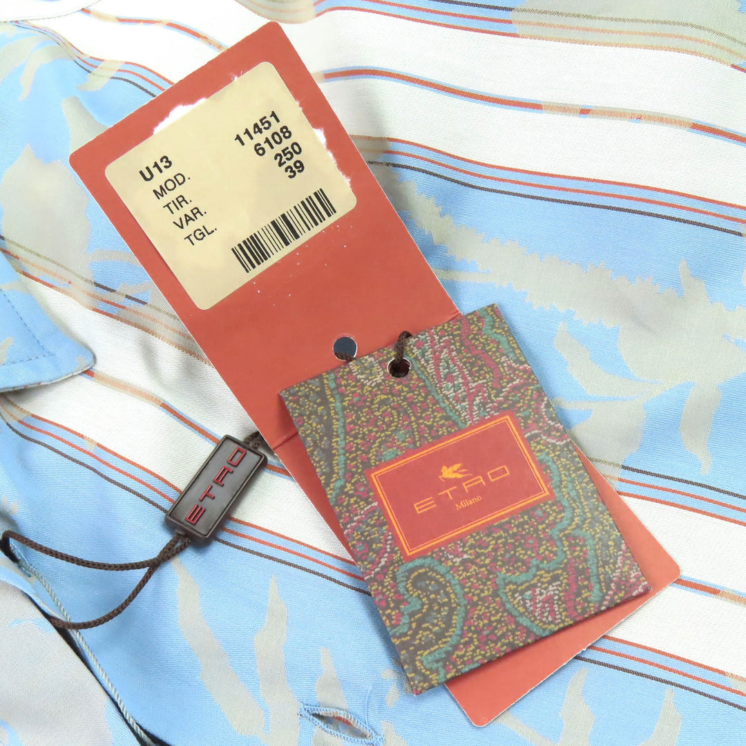 未使用品△ETRO エトロ 23SS コットン100％ ストライプ 総柄デザイン ロゴボタン 長袖シャツ ライトブルー ベージュ系 39 伊製 正規品