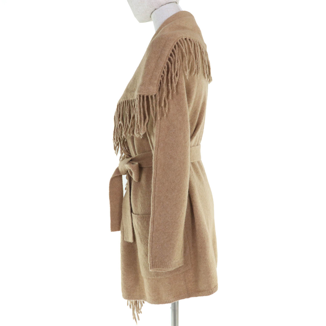 未使用品☆Max Mara マックスマーラ 134602836500 ウール キャメル ベルト・フリンジ付 ニット コート カーディガン キャメル M 正規品