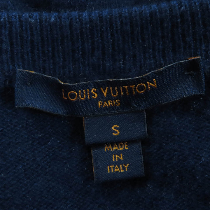 美品☆LOUIS VUITTON ルイヴィトン カシミヤ100％ ロゴボタン 半袖 ドルマンスリーブ ニット ネイビー S イタリア製 正規品 レディース