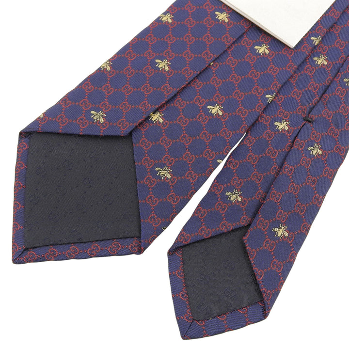 美品▲GUCCI グッチ 545078 シルク100％ GGロゴ総柄 Bee刺繍 ネクタイ ネイビー レッド 148×7cm イタリア製 正規品 メンズオススメ◎