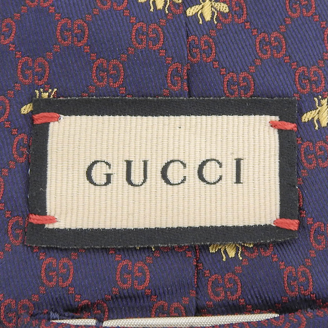 美品▲GUCCI グッチ 545078 シルク100％ GGロゴ総柄 Bee刺繍 ネクタイ ネイビー レッド 148×7cm イタリア製 正規品 メンズオススメ◎