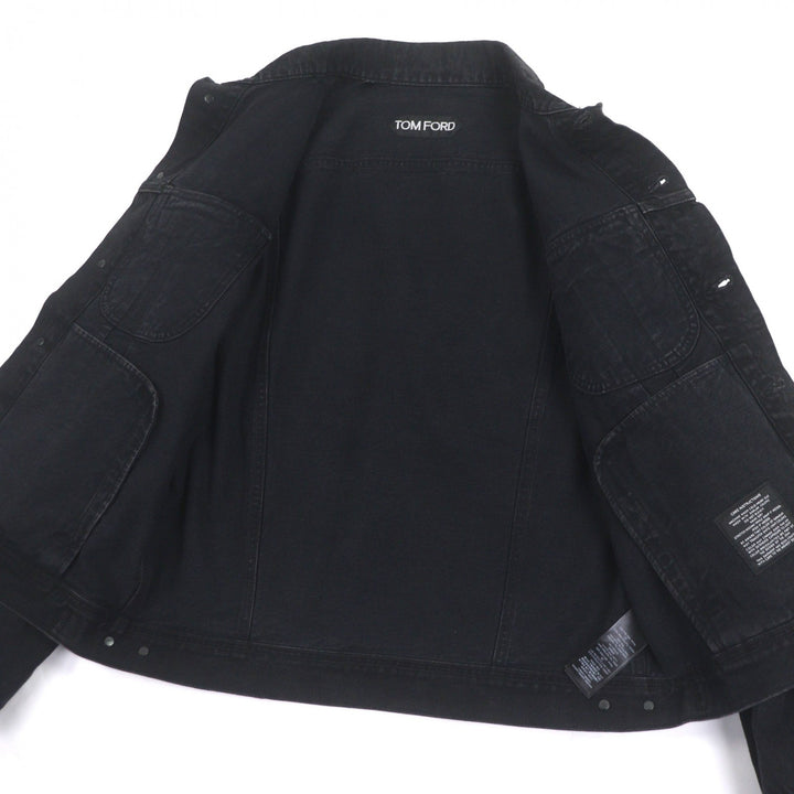 極美品▼TOM FORD トムフォード 2024年製 DJI001 DMC061S25 レザーパッチ付 ロゴ入りボタン デニムジャケット ブラック XL 正規品 メンズ