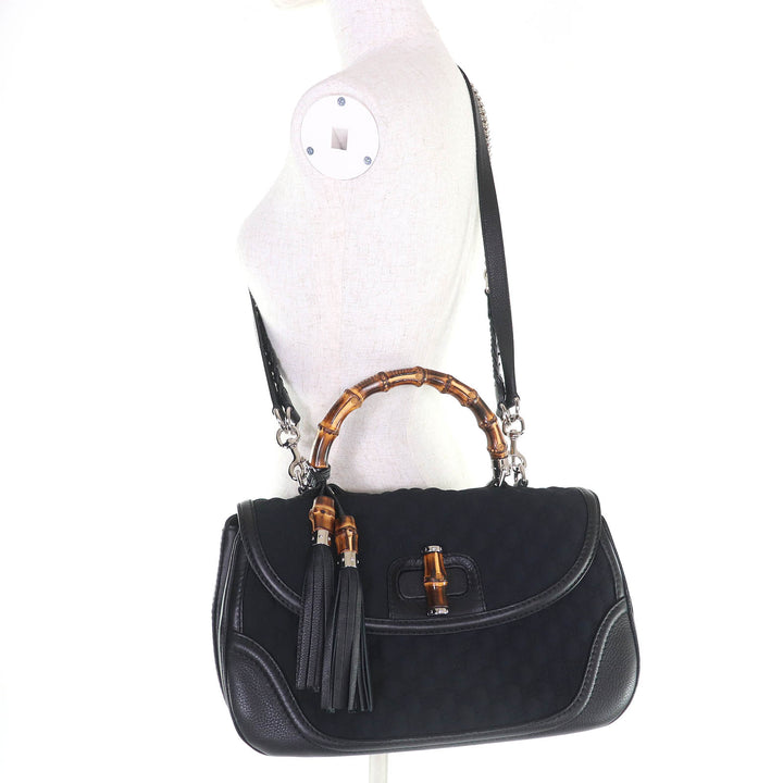 極美品△GUCCI グッチ 240241 レザー使い マイクロシマ ニューバンブー 2WAY ハンドバッグ チェーン ショルダーバッグ ブラック 伊製