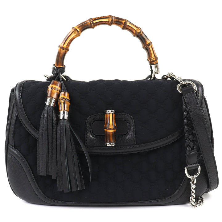 極美品△GUCCI グッチ 240241 レザー使い マイクロシマ ニューバンブー 2WAY ハンドバッグ チェーン ショルダーバッグ ブラック 伊製