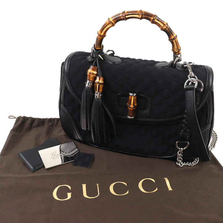 極美品△GUCCI グッチ 240241 レザー使い マイクロシマ ニューバンブー 2WAY ハンドバッグ チェーン ショルダーバッグ ブラック 伊製