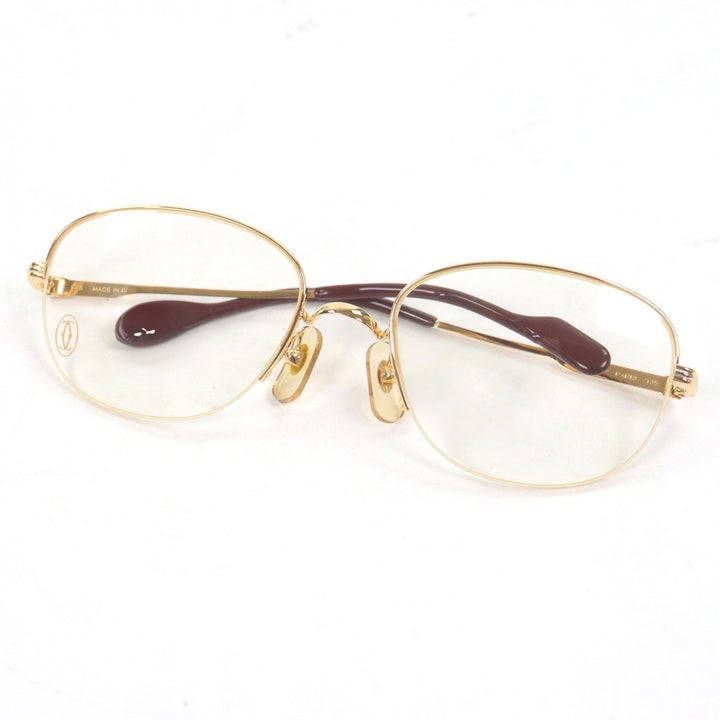美品▼Cartier カルティエ トリニティ ハーフリム メガネ 眼鏡 アイウェア ゴールド ボルドー 53□18 135 デモレンズ ケース付き メンズ
