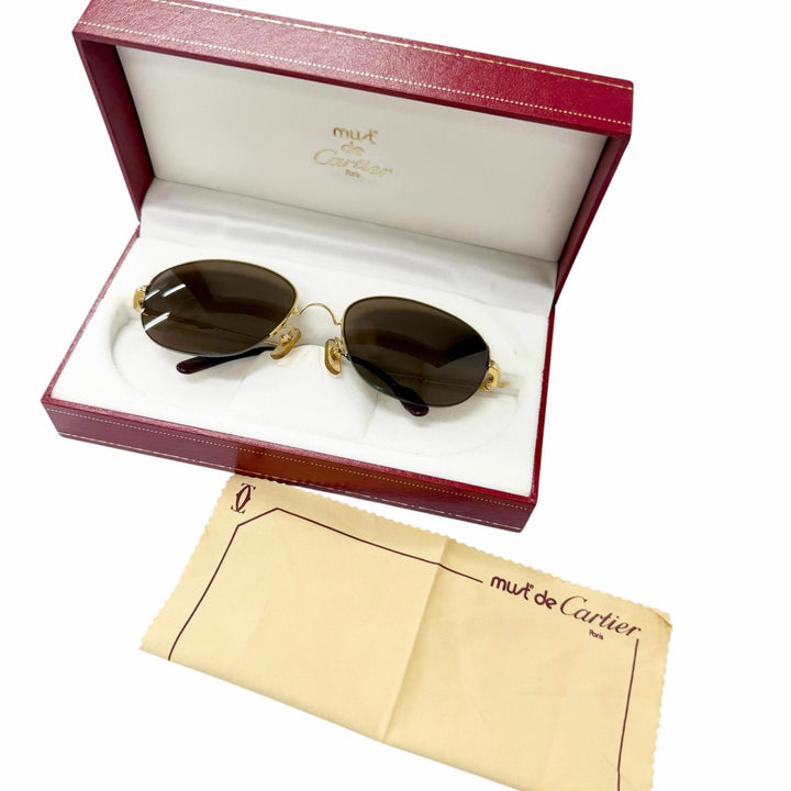 美品□Cartier カルティエ 140 トリニティ ハーフリム サングラス アイウェア ゴールド ボルドー 55□18 フランス製 メンズ ケース付き