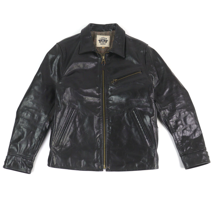 美品□LEATHER BOMU レザーボム ホースハイド 裏地ウールブレンド シングルライダース レザーバイカージャケット ブラック XL メンズ