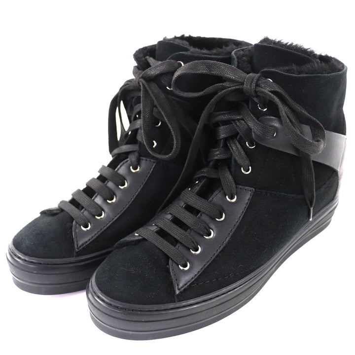 極美品◇Salvatore Ferragamo サルヴァトーレフェラガモ SL09766 レザー切替 ムートン ハイカットスニーカー 黒 7.5 保存袋付 イタリア製