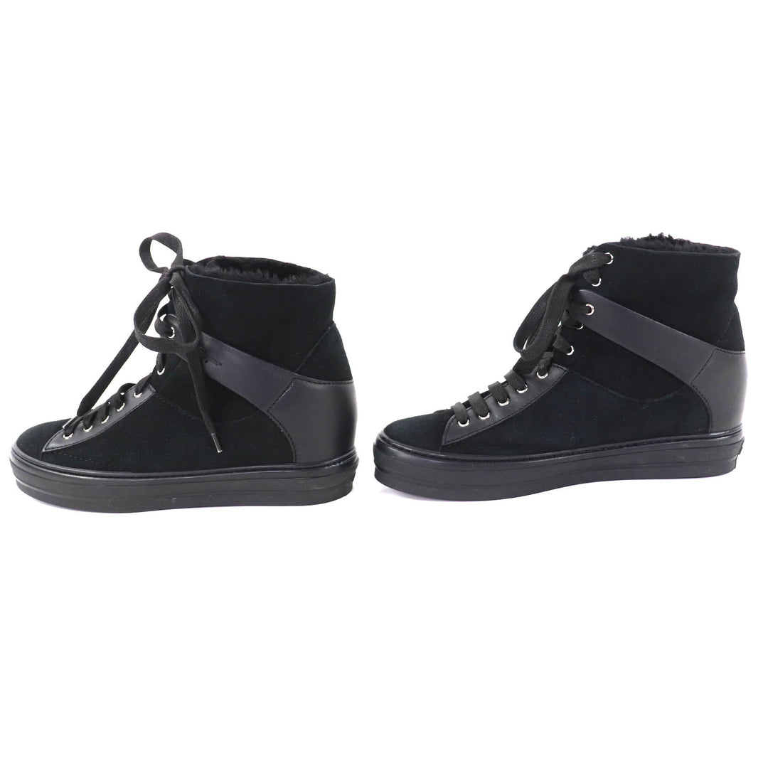 極美品◇Salvatore Ferragamo サルヴァトーレフェラガモ SL09766 レザー切替 ムートン ハイカットスニーカー 黒 7.5 保存袋付 イタリア製