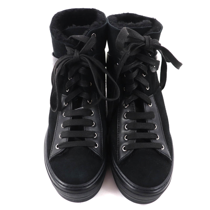 極美品◇Salvatore Ferragamo サルヴァトーレフェラガモ SL09766 レザー切替 ムートン ハイカットスニーカー 黒 7.5 保存袋付 イタリア製