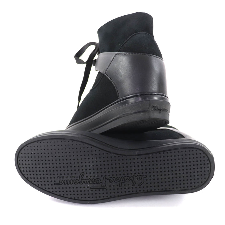 極美品◇Salvatore Ferragamo サルヴァトーレフェラガモ SL09766 レザー切替 ムートン ハイカットスニーカー 黒 7.5 保存袋付 イタリア製