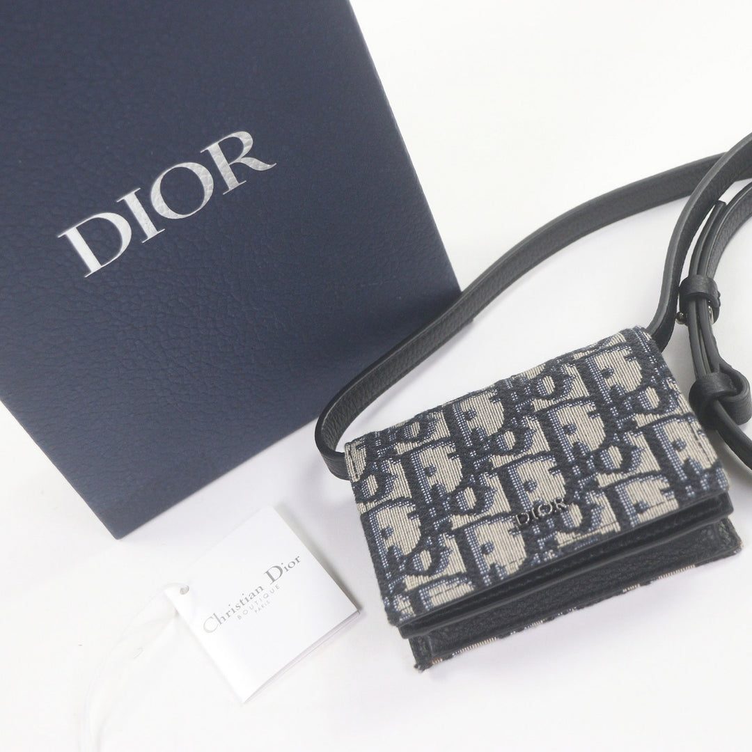 美品□DIOR ディオール オム キャンバス レザー オブリーク ショルダーストラップ ナノポーチ ベージュ ネイビー 箱付 イタリア製 メンズ
