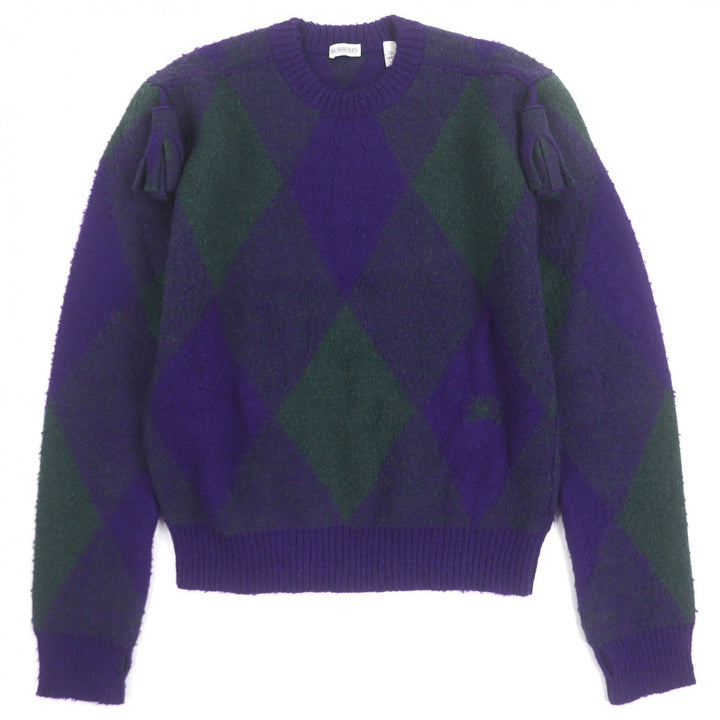 未使用品▼BURBERRY バーバリー 8077214 ウール100% ロゴ入り タッセル付き アーガイル柄 クルーネック ニットセーター M 正規品 メンズ