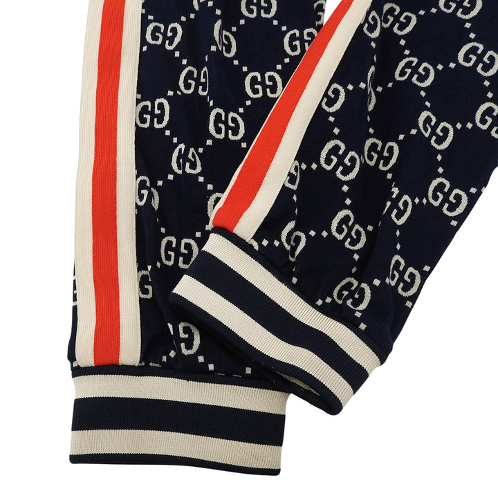 良品▲GUCCI グッチ 496920 コットン100％ GGジャガード サイドライン ジョギング パンツ ネイビー マルチ XL イタリア製 正規品 メンズ
