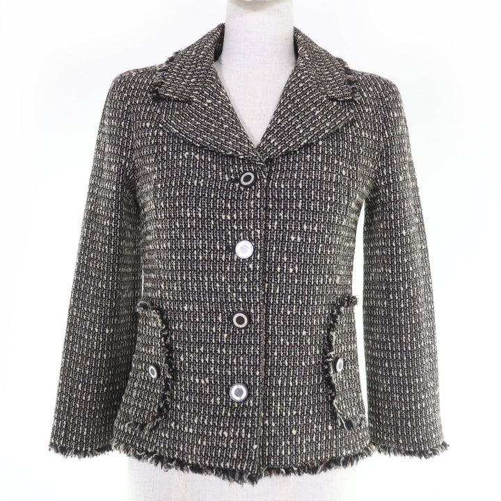 極美品☆CHANEL シャネル ヴィンテージ 03A P21954V12899 ウール ウッドシェルロゴボタン ツイード ジャケット ブラウン系 34 正規品