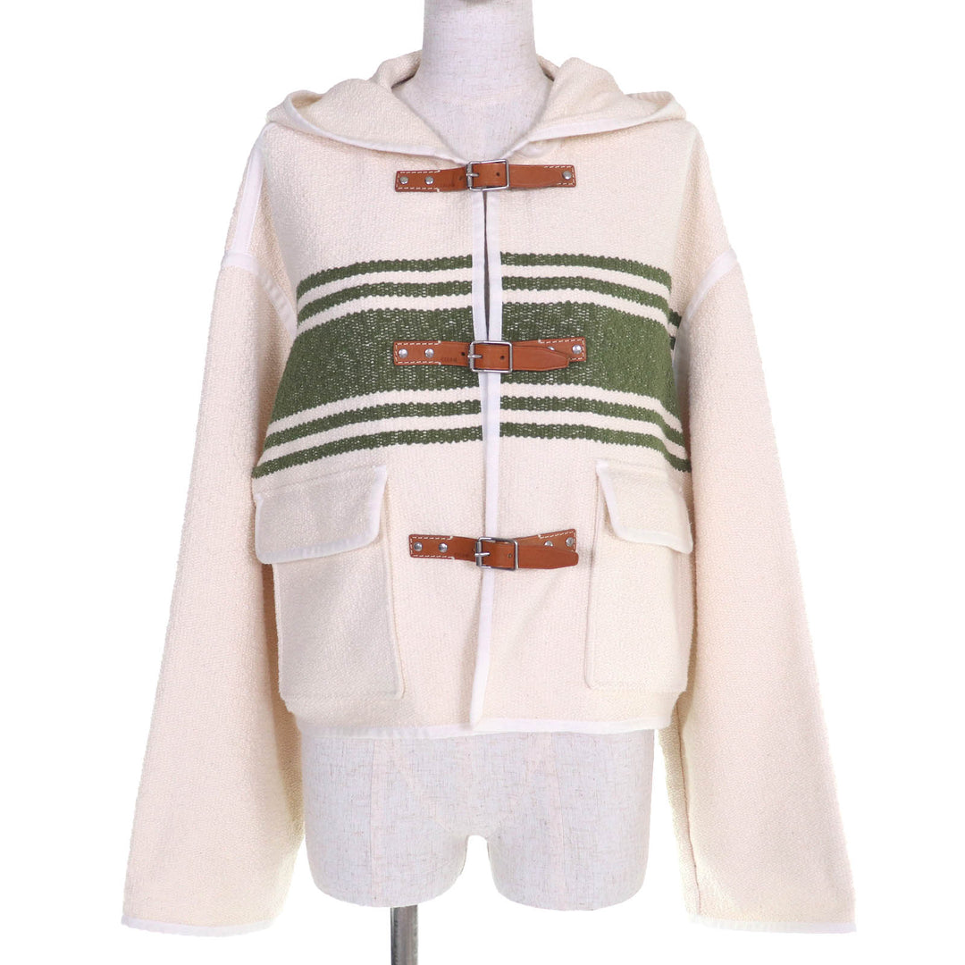 極美品△CELINE セリーヌ 23SS 2V81G285Q コットン ロゴ型押し レザーベルト金具 フーデット カーディガン アイボリー 36 仏製 正規品