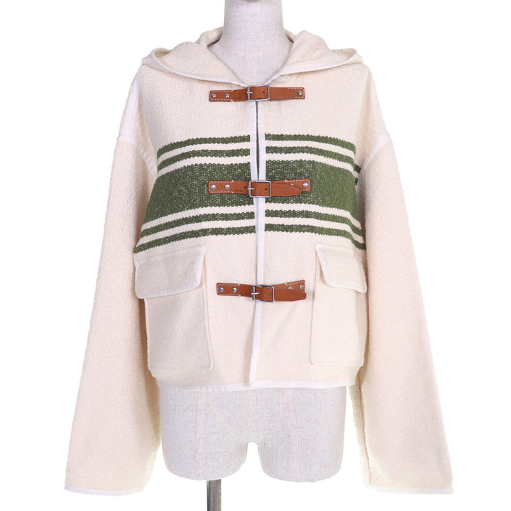 極美品△CELINE セリーヌ 23SS 2V81G285Q コットン ロゴ型押し レザーベルト金具 フーデット カーディガン アイボリー 36 仏製 正規品