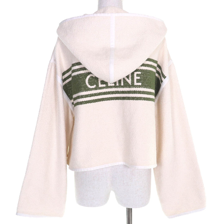 極美品△CELINE セリーヌ 23SS 2V81G285Q コットン ロゴ型押し レザーベルト金具 フーデット カーディガン アイボリー 36 仏製 正規品