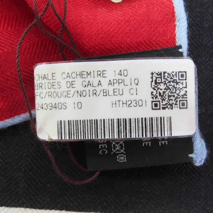 未使用品★HERMES エルメス カレジェアン カレ140 Brides de Gala Applique Pique カシミヤ シルク混 ROUGE/NOIR/BLEU スカーフ 箱付き