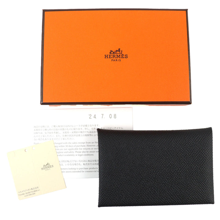 未使用品△HERMES エルメス カルヴィ ヴォーエプソン シルバー金具 名刺入れ コインケース カードケース ブラック W刻印 箱付 フランス製