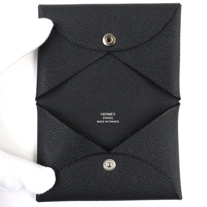 未使用品△HERMES エルメス カルヴィ ヴォーエプソン シルバー金具 名刺入れ コインケース カードケース ブラック W刻印 箱付 フランス製