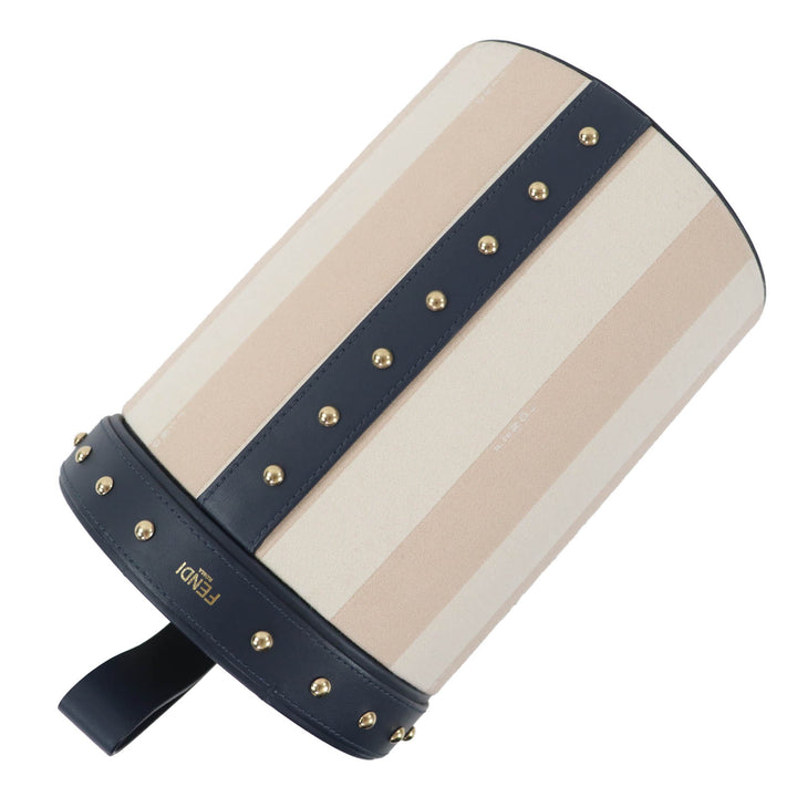 美品◇FENDI フェンディ ストライプ スタッズ レザー使い バニティーポーチ/コスメボックス ベージュ ネイビー ゴールド金具 保存袋付き
