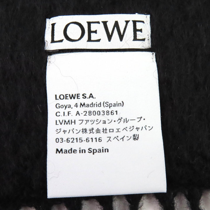 極美品△LOEWE ロエベ モヘア ウール アナグラムレザーワッペン フリンジ付き ロング マフラー ブラック スペイン製 正規品 レディース