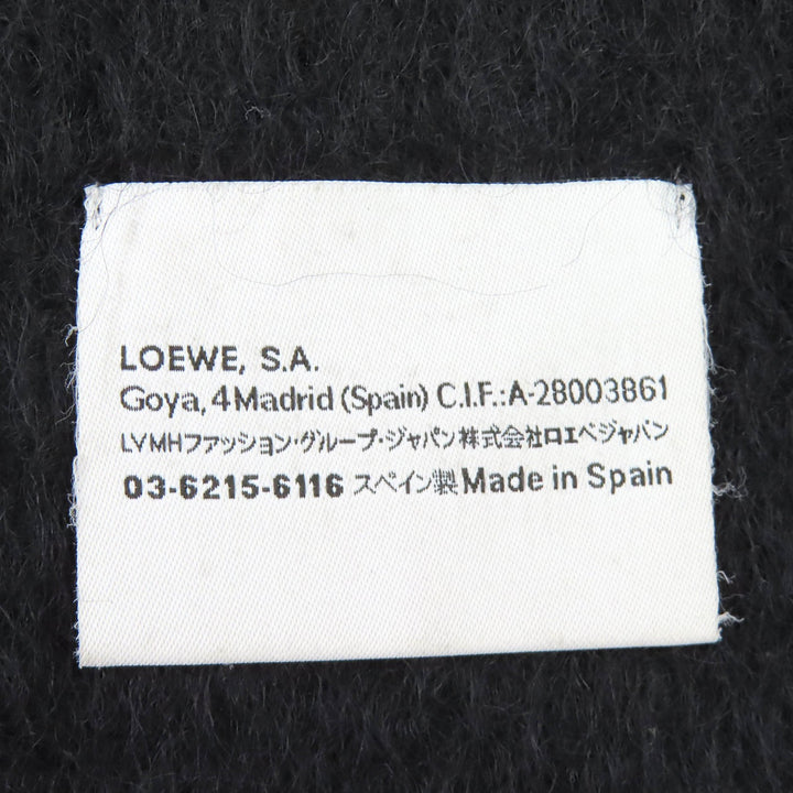 美品△LOEWE ロエベ モヘア ウール アナグラムロゴパッチ フリンジ ロング マフラー ブラック スペイン製 正規品 レディース