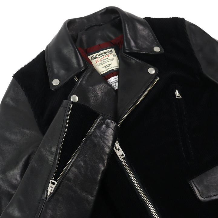 美品△ANACHRONORM アナクロノーム Horsehide Motorcycle Jacket ホースハイド コーデュロイ切り替え ライダースジャケット 黒 00 正規品