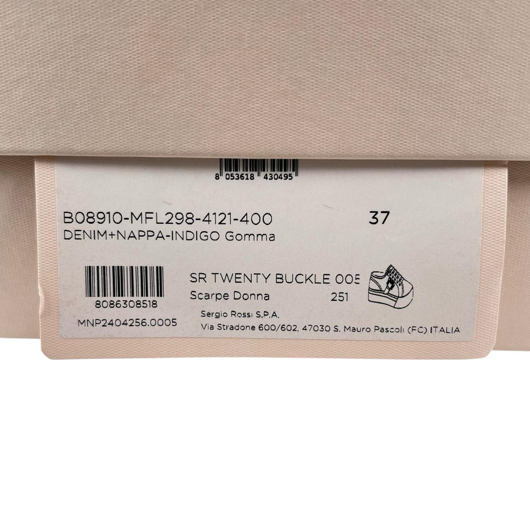 極美品▲Sergio Rossi セルジオロッシ B08910 SR TWENTY BUCKLE 厚底 デニム スニーカー インディゴ 37 箱・保存袋付き 伊製 レディース