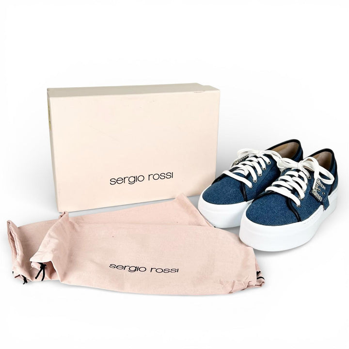 極美品▲Sergio Rossi セルジオロッシ B08910 SR TWENTY BUCKLE 厚底 デニム スニーカー インディゴ 37 箱・保存袋付き 伊製 レディース