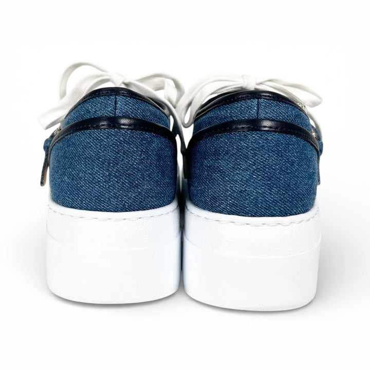 極美品▲Sergio Rossi セルジオロッシ B08910 SR TWENTY BUCKLE 厚底 デニム スニーカー インディゴ 37 箱・保存袋付き 伊製 レディース