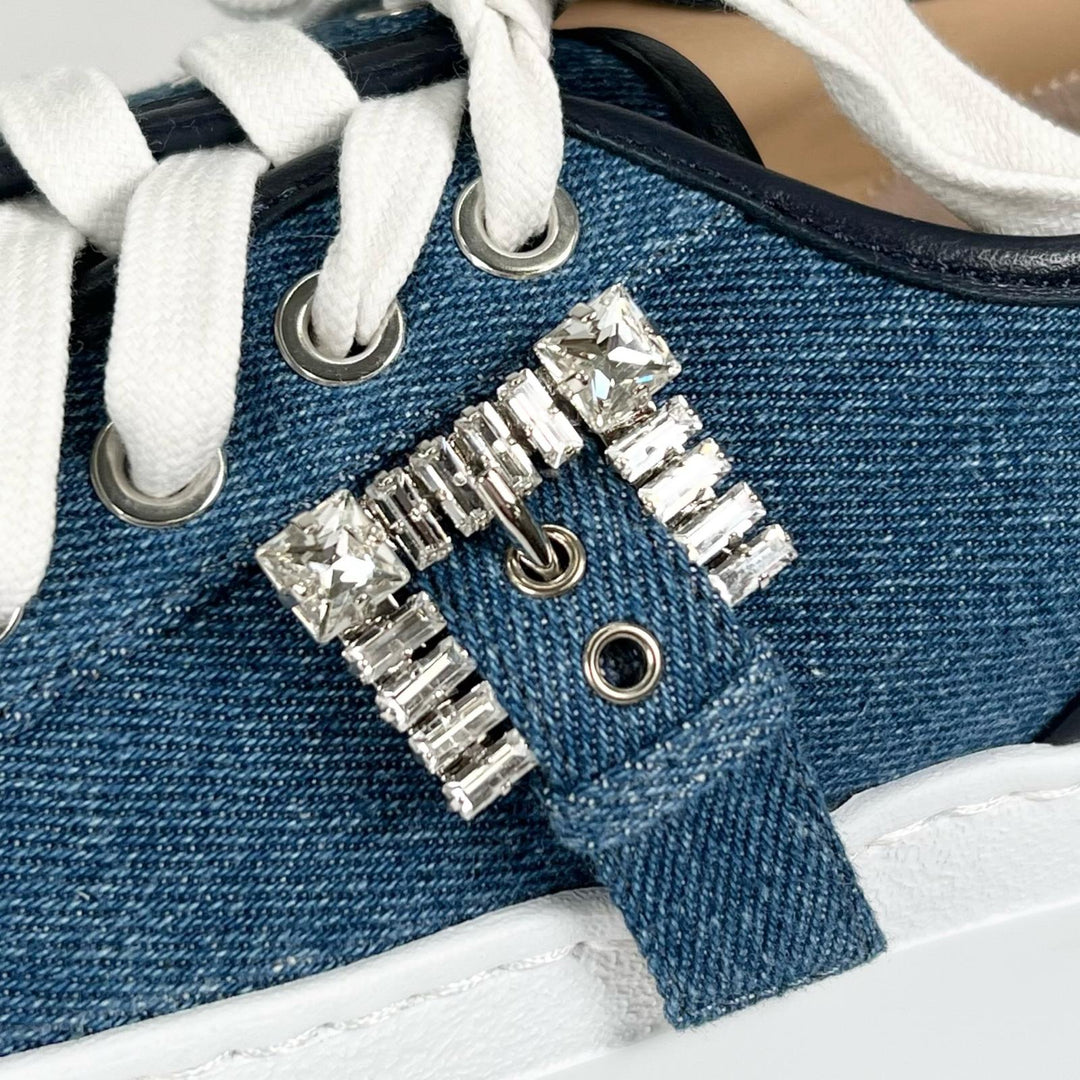 極美品▲Sergio Rossi セルジオロッシ B08910 SR TWENTY BUCKLE 厚底 デニム スニーカー インディゴ 37 箱・保存袋付き 伊製 レディース