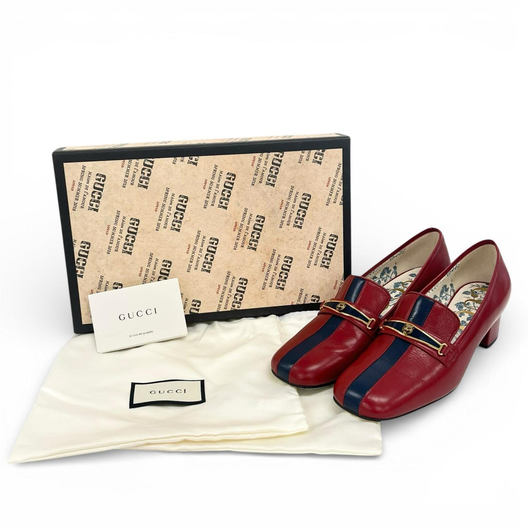 未使用品▲GUCCI グッチ 517109 キャットヘッド レザー パンプス ローファー レッド ネイビー 37.5 箱・保存袋付き イタリア製 レディース