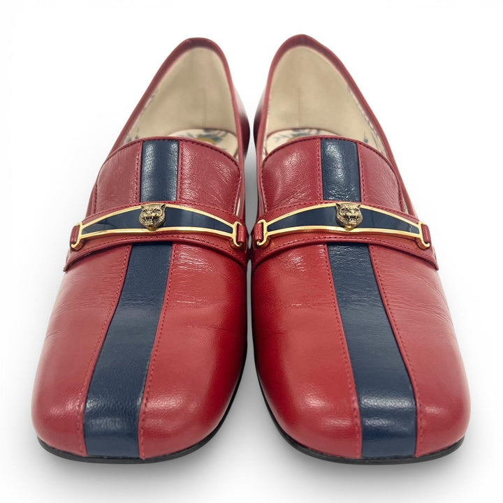 未使用品▲GUCCI グッチ 517109 キャットヘッド レザー パンプス ローファー レッド ネイビー 37.5 箱・保存袋付き イタリア製 レディース