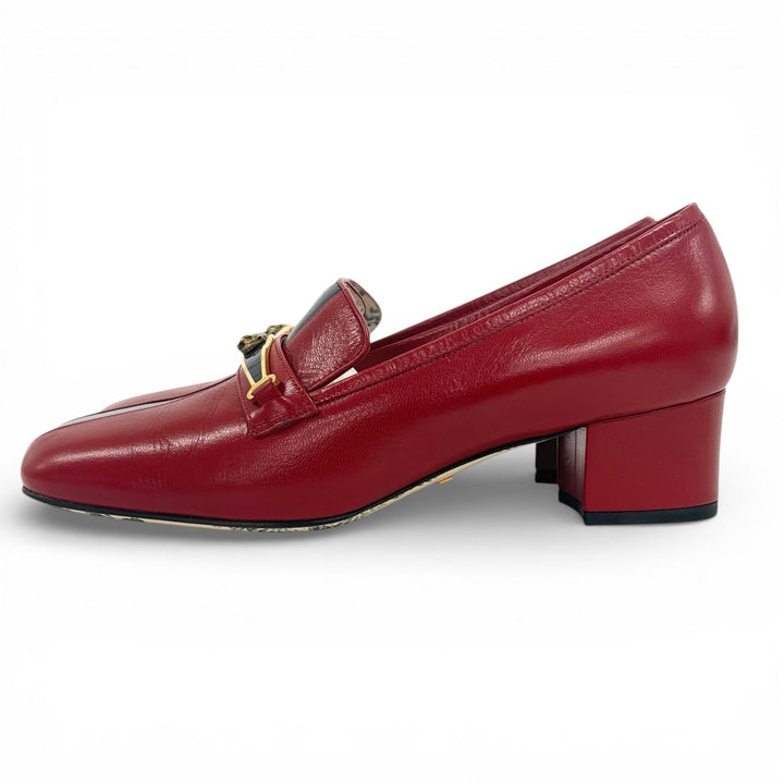 未使用品▲GUCCI グッチ 517109 キャットヘッド レザー パンプス ローファー レッド ネイビー 37.5 箱・保存袋付き イタリア製 レディース