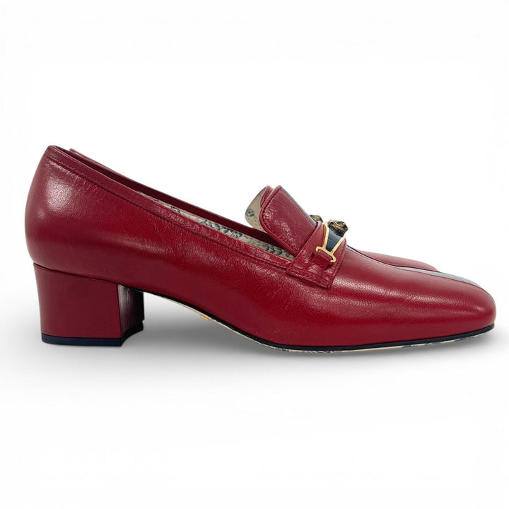 未使用品▲GUCCI グッチ 517109 キャットヘッド レザー パンプス ローファー レッド ネイビー 37.5 箱・保存袋付き イタリア製 レディース