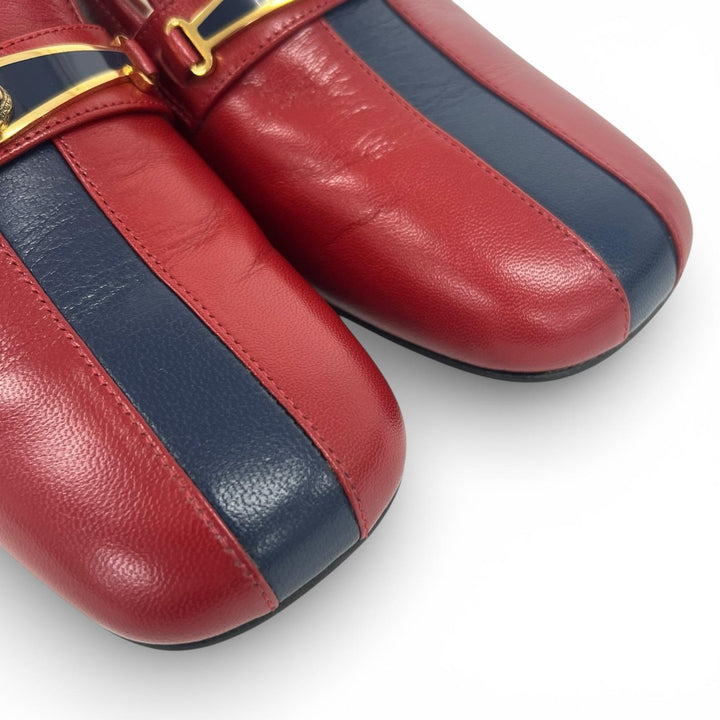 未使用品▲GUCCI グッチ 517109 キャットヘッド レザー パンプス ローファー レッド ネイビー 37.5 箱・保存袋付き イタリア製 レディース