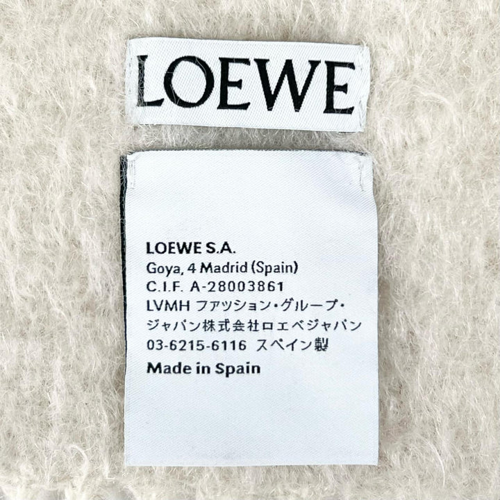 極美品▲LOEWE ロエベ モヘア ウール アナグラムレザーパッチ フリンジ付き マフラー ホワイト スペイン製 正規品 レディース