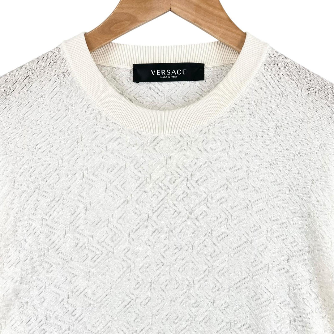 極美品▲VERSACE ヴェルサーチ 2022年製 1008476 シルク コットン クルーネック 長袖 ニット アイボリー 48 イタリア製 正規品 メンズ