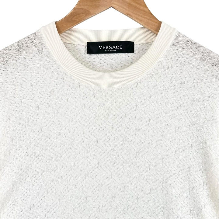 極美品▲VERSACE ヴェルサーチ 2022年製 1008476 シルク コットン クルーネック 長袖 ニット アイボリー 48 イタリア製 正規品 メンズ