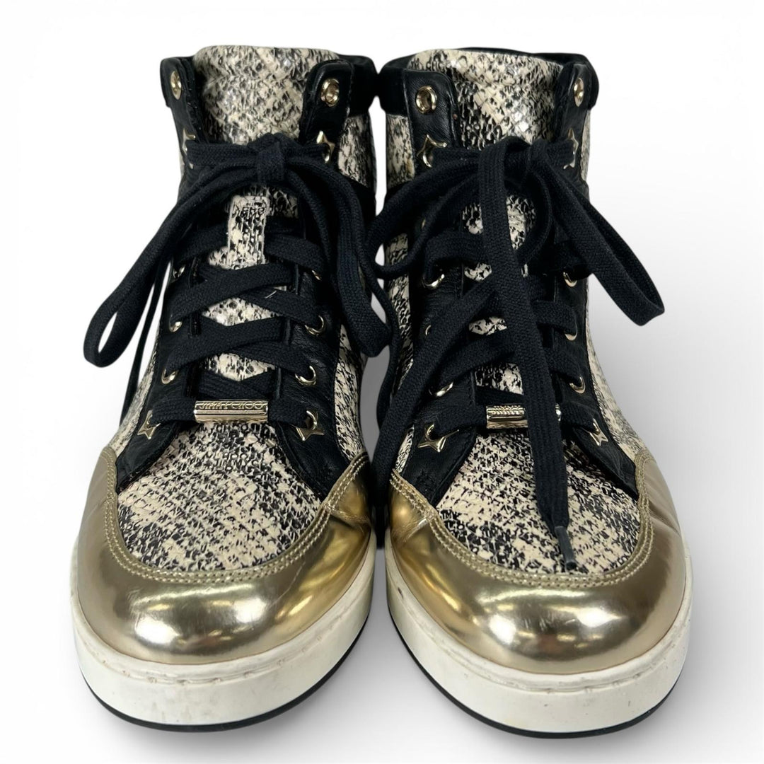 美品▲JIMMY CHOO ジミーチュウ ロゴプレート付き パイソン型押し レザー ハイカットスニーカー ゴールド ブラック 36 伊製 レディース